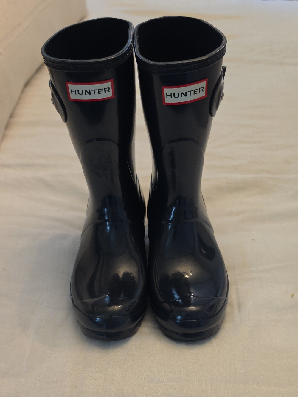 Hunter Gloss Navy Rain Boots with Red Logo Panel